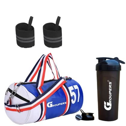 GROUPERS Duffle PU Leather Bag with Shaker Bottle-700ml & Wrist Bandl (Blue White) GROUPERS Duffle PU Leather Bag with Shaker Bottle-700ml & Wrist Bandl (Blue White)