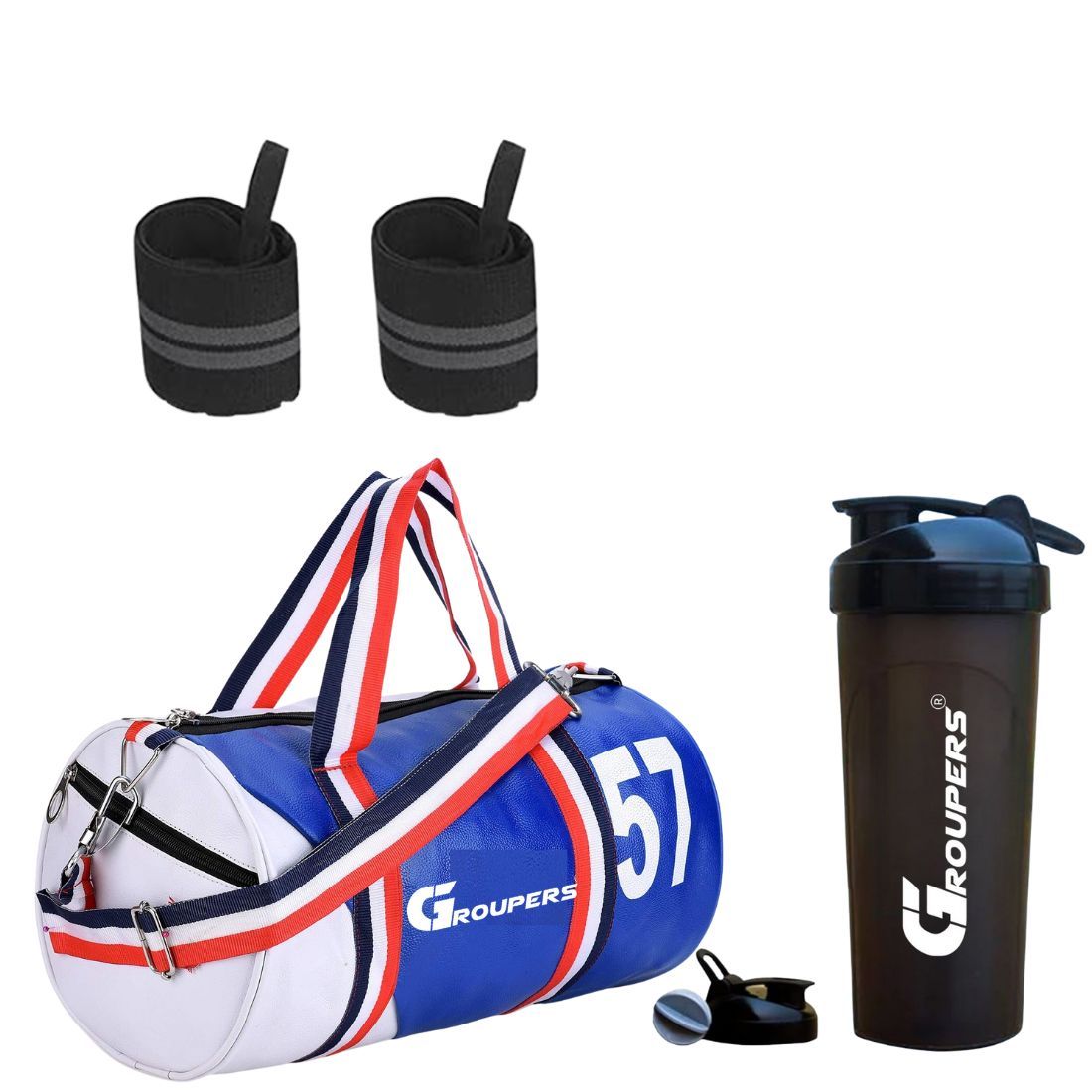 GROUPERS Duffle PU Leather Bag with Shaker Bottle-700ml & Wrist Bandl (Blue White)