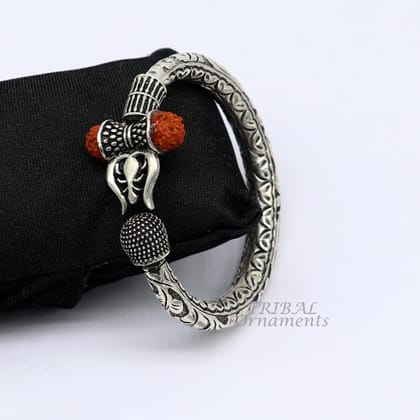 925 Sterling silver handmade chitai work Lord Shiva trident trishul kada bangle bracelet with natural Rudraksha customized kada nsk552