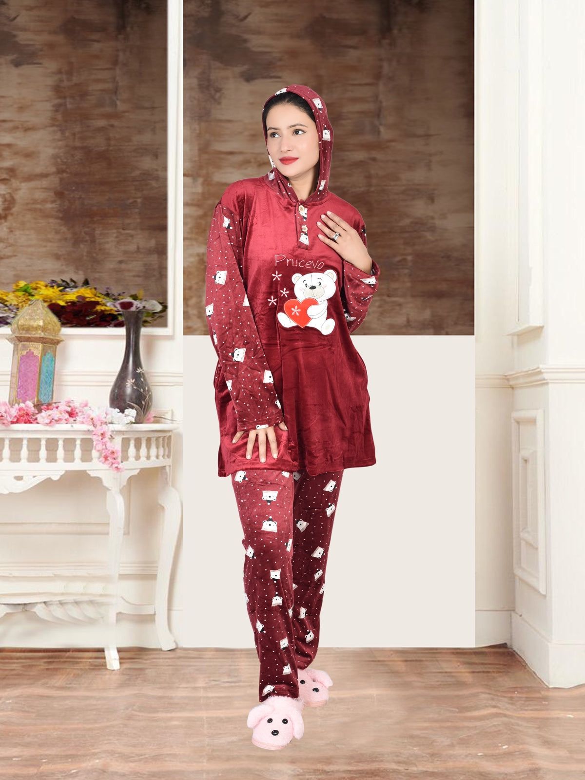 Imported Winter Nightsuite Heavy Stuff Dress for Girls(Maroon)-L