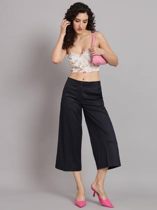 Poly Cotton Mid Waist Culottes- Navy Blue-M