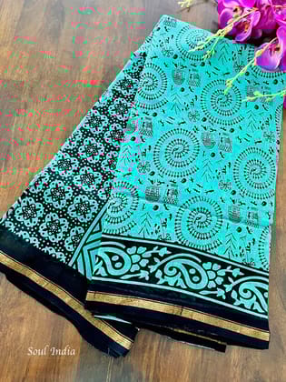Chanderi Cotton Silk  Warli  Print Saree - Cyan