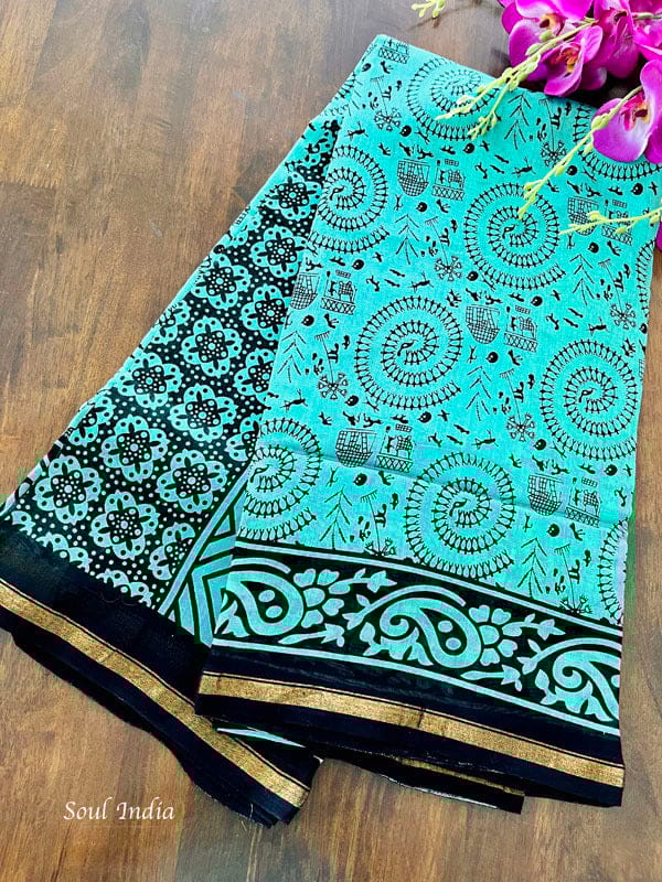 Chanderi Cotton Silk  Warli  Print Saree - Cyan