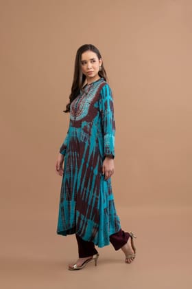 Brown Turquoise Shibori Tie Dye Kurta Set of 3-XL