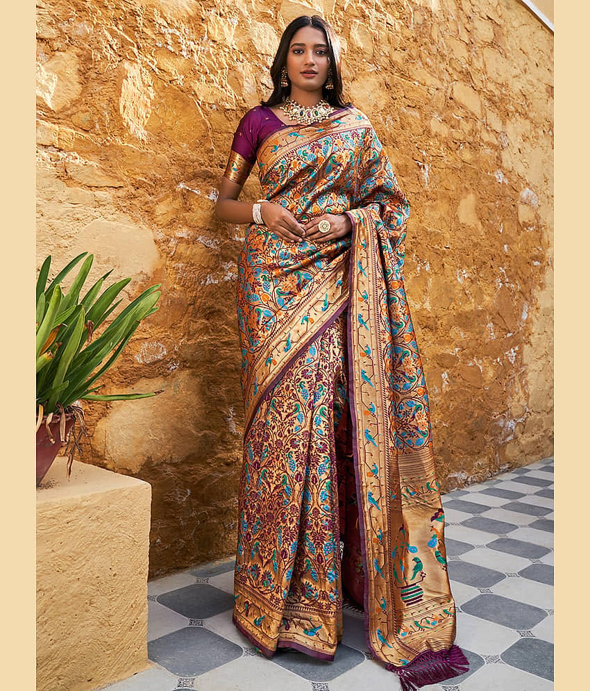 Janasya Silk Blend Woven Saree With Unstitched Blouse Piece ( Wine )