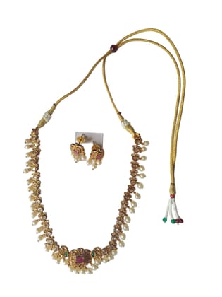 ANVAYACOLLECTIONS Traditional Jewellery Set for Women, Gold Tone Pearl Necklace with Matching Earrings, pink Stone Pendant