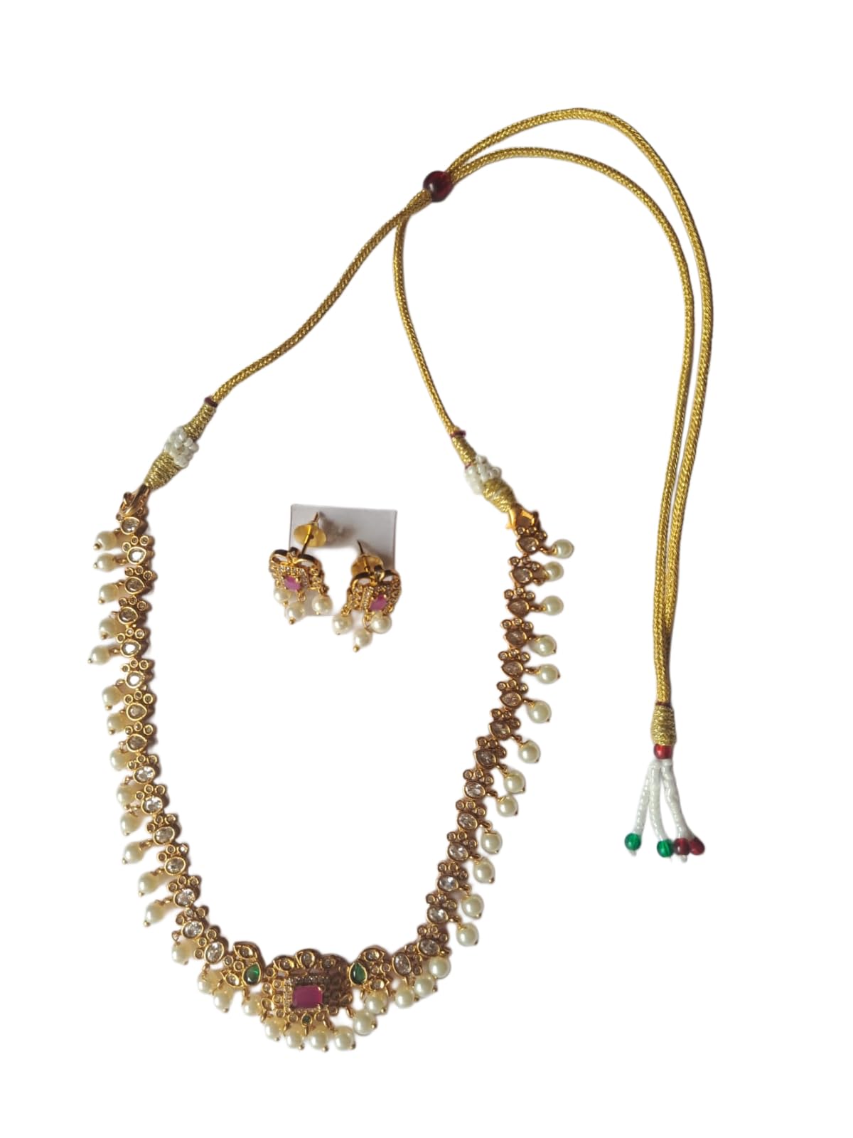ANVAYACOLLECTIONS Traditional Jewellery Set for Women, Gold Tone Pearl Necklace with Matching Earrings, pink Stone Pendant