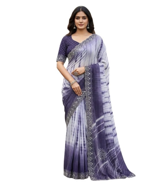 Generic Women's Georgette Striped Saree with Unstitched Blouse Piece, Soft Lightweight 5.5 m Sari for Daily, Office and Casual Wear (Purple, Design 67613)