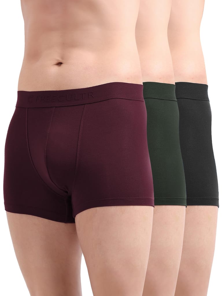 FREECULTR Men's Underwear Anti Bacterial Micromodal Airsoft Trunk - Non Itch No Chaffing Sweat Proof - Pack of 3-Sable Black,Port Wine,Avocado Green