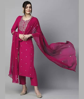 anushansa Silk Blend Embroidered Kurti With Pants Women's Stitched Salwar Suit - Pink ( Pack of 1 )