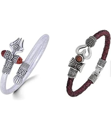 PAYSTORE Combo Trishul Damru OM Rudraksha Leather and Pure Brass Copper Silver Plated Mahadev Shiva Bhakt Bahubali Navaratri Special Bracelet for Men & Women(Set of-2 Kada and Bracelet-Silver)