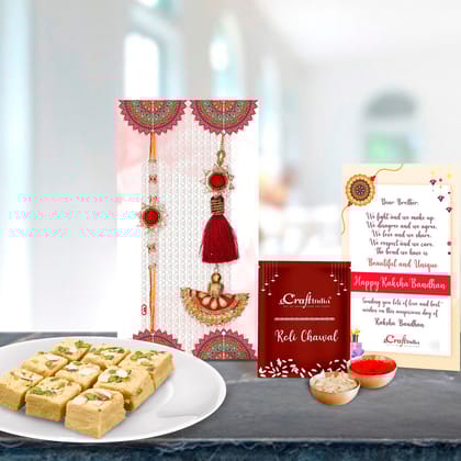 Designer Handcrafted Premium Bhaiya Bhabhi Rakhi with Soan Papdi (500 Gm) and Roli Chawal Pack, Best Wishes Greeting Card