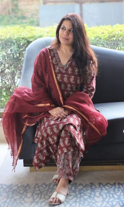 Cotton Ajrakh Booti Print Maroon Suit Set with Kota Doria Dupatta-S