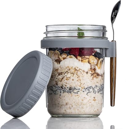 Glass Mason Jar with Plastic Lid and Spoon, 350 ML, Set of 1, Coco Mason Mug for Juice, Mocktail, Cocktails, Milkshak Hot/Cold Drink Beverages, Overnight Oats Mug of Home,Office, Party (Random Color)