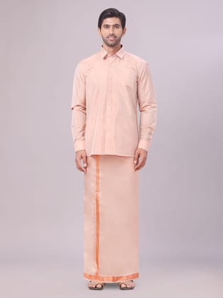 Mens Art Silk Dark Copper Full Sleeves Shirt with Copper Jari Border Dhoti Combo Finesse-36 / F/S / Dark Copper