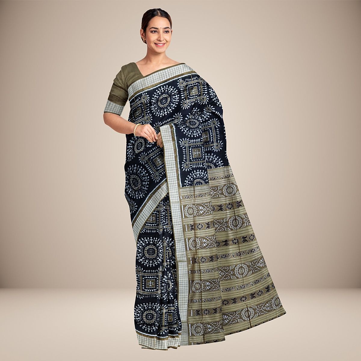 Tribal Design Black Sambalpuri Silk Saree