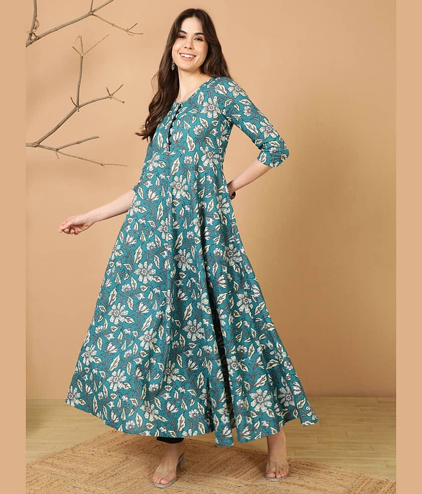 Antaran Women Cotton Printed Fit & Flare Dress ( Blue )