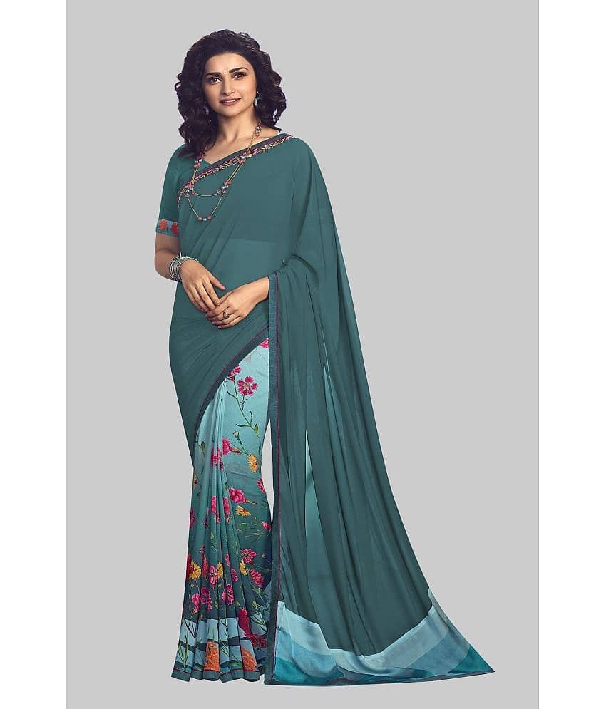 Gazal Fashions Chiffon Printed Saree With Unstitched Blouse Piece ( Rama )
