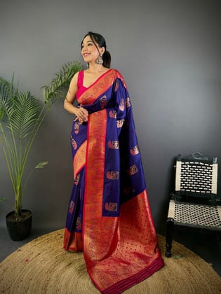 Dark Blue Banarasi Silk Saree with Peacock Zari & Contrast Border – Elora
