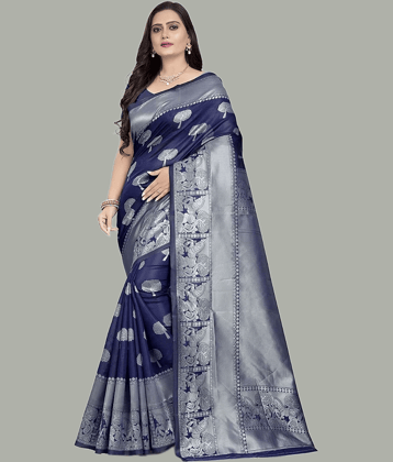 GARIYA Art Silk Embellished Saree With Unstitched Blouse Piece ( Navy Blue )