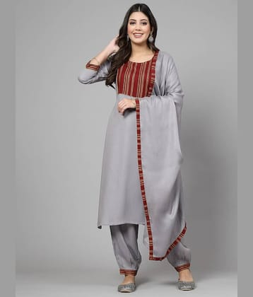 Glorious Rayon Striped Kurti With Pants Women's Stitched Salwar Suit - Grey ( Pack of 1 )