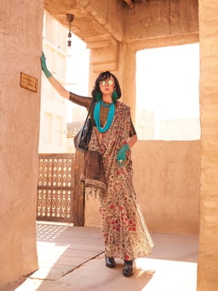 Beige Floral Printed Pure Zari Tissue Handwoven Saree