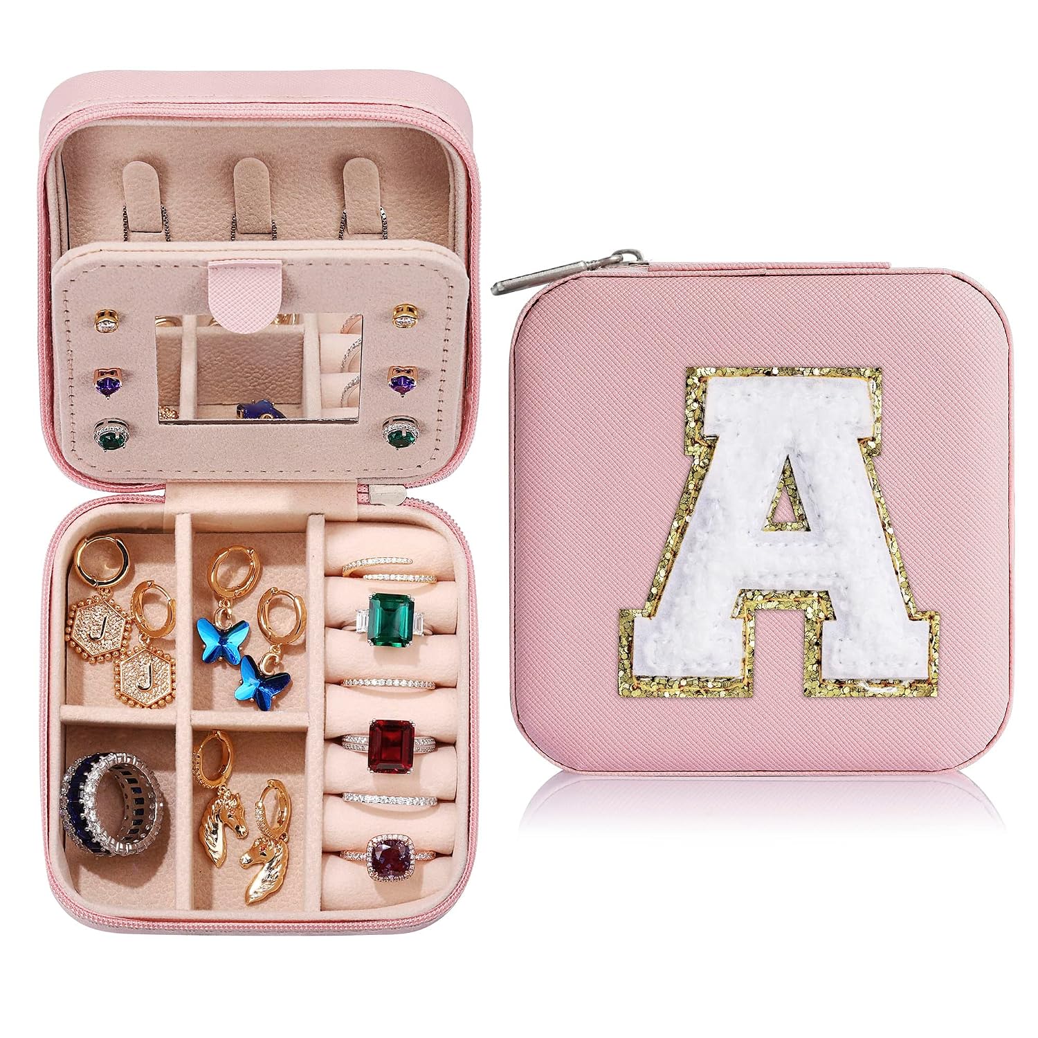 Parima PU Leather Jewelry Case for Teen Girls, Pink Travel Organizer with Mirror
