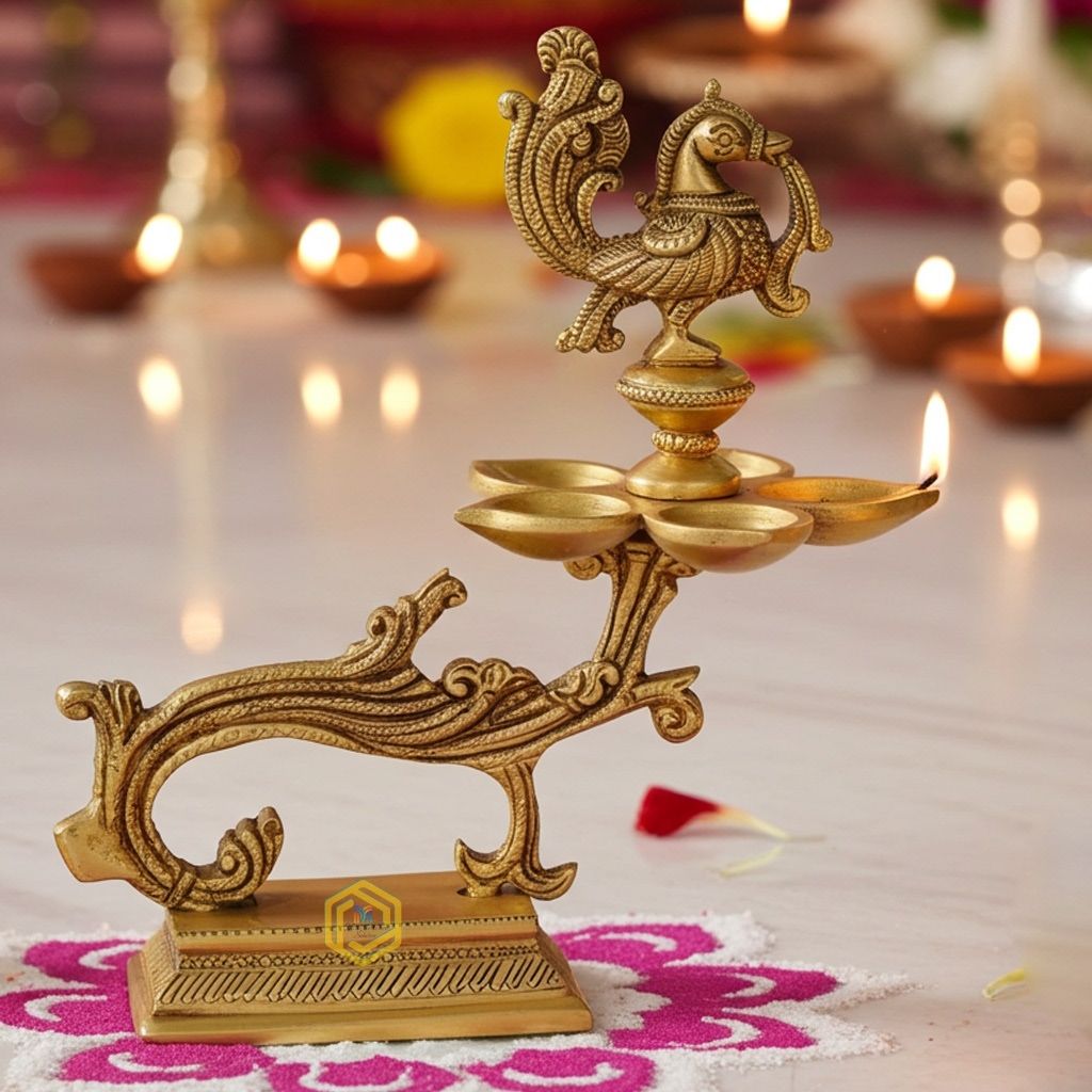 Brass Table Decor Murga Oil Lamp Deepak 5 Wicks - Traditional Brass Deepak for Festivals, Height : 7.6 Inch (BSMAS1176 A)