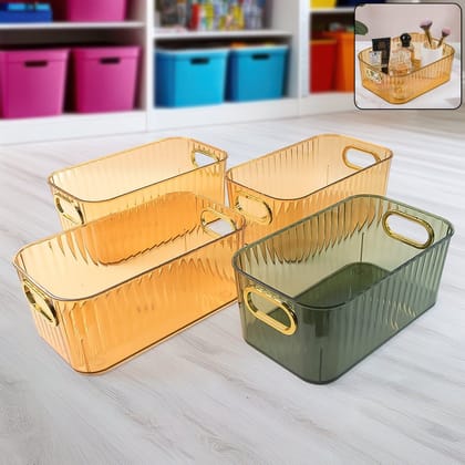 Premium Ribbed Transparent Storage Basket with Gold Handle – Multipurpose Kitchen &amp; Home Organizer Box (25x14cm / 4 Pc)