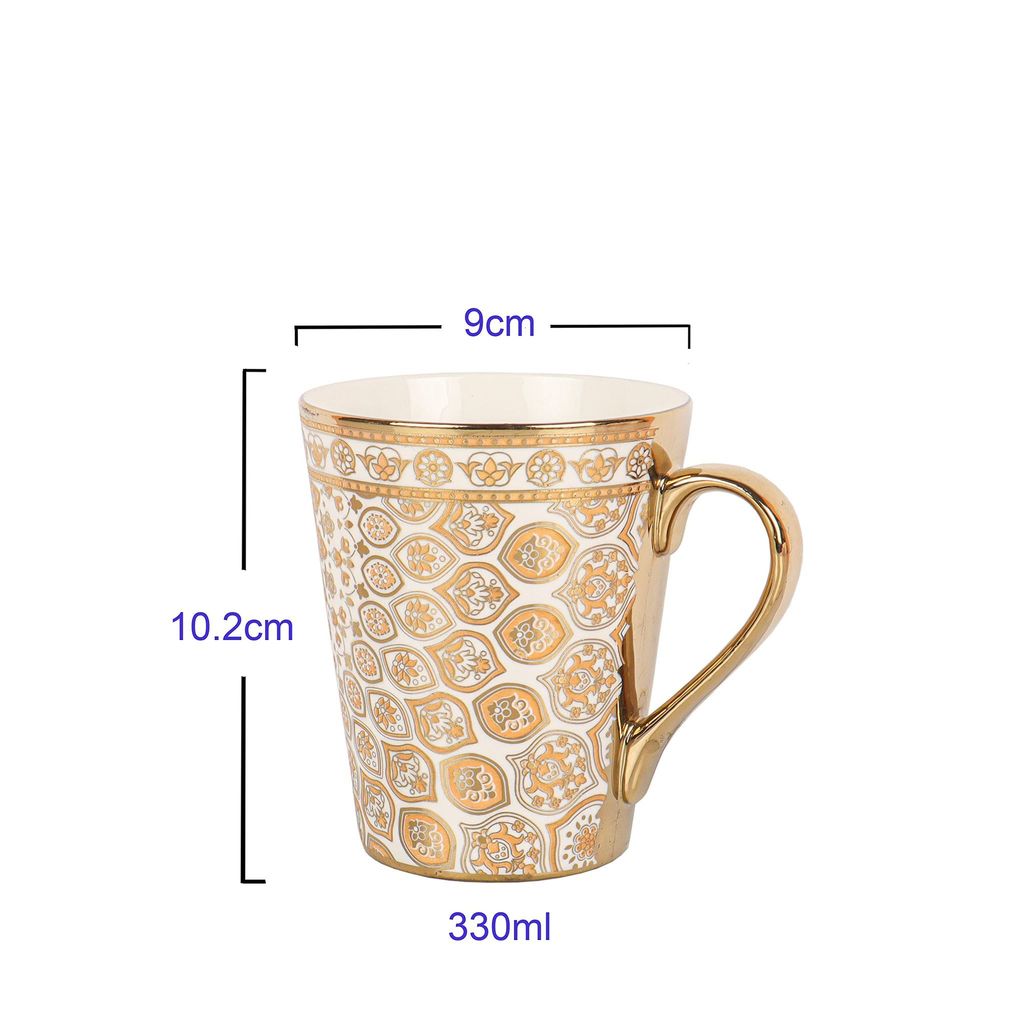 Femora Indian Floral Medallion Fine Bone China Golden Coffee Mugs, Tea Mugs, Ceramic Tea Cups (330 ml, Golden) - 1 Pcs Set
