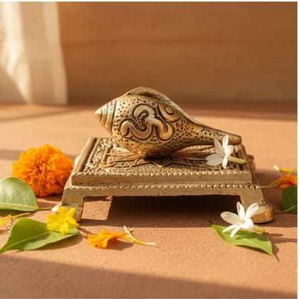 Sukh Sehaj Brass Om Shankh & Murti Chowki Worship Combo Set: Mangal