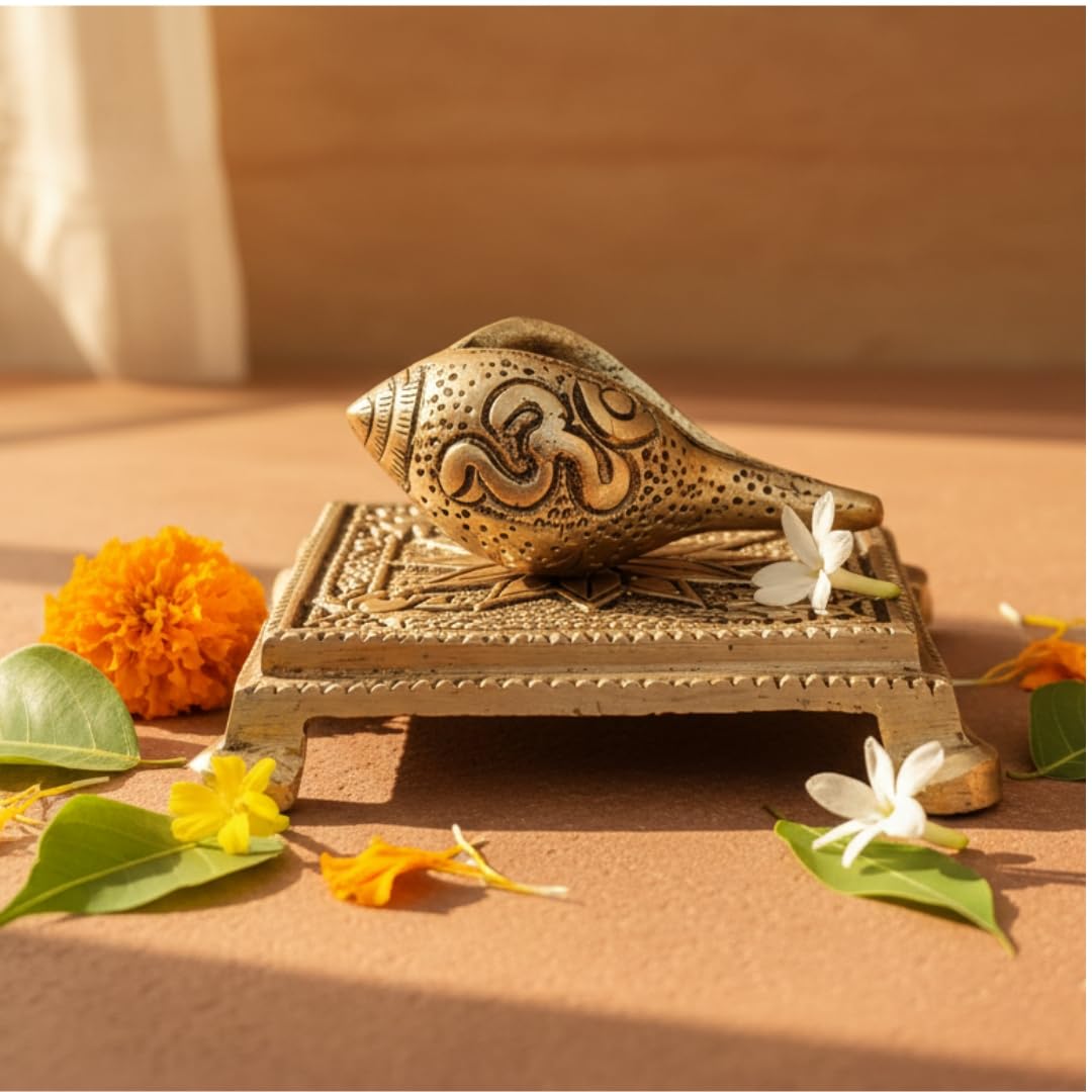 Sukh Sehaj Brass Om Shankh & Murti Chowki Worship Combo Set: Mangal