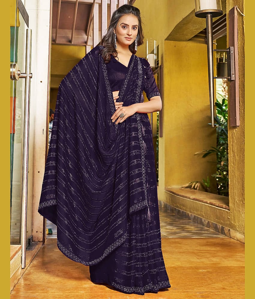 Samah Chiffon Embellished Saree With Unstitched Blouse Piece ( Navy Blue )