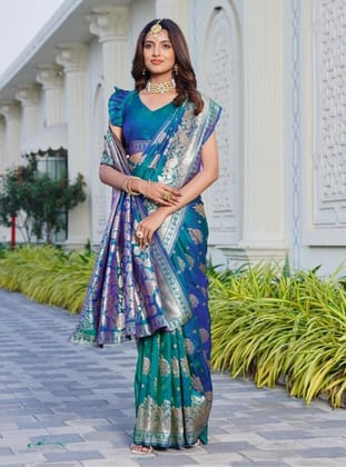 Generic Women's Jacquard Printed Saree with Unstitched Blouse Piece, Soft Lightweight 5.5 m Sari for Daily, Office and Wear (Royal-Teal, Design 67658)