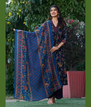 YAGNIK FASHION Rayon Printed Kurti With Palazzo Women's Stitched Salwar Suit - Blue ( Pack of 1 )