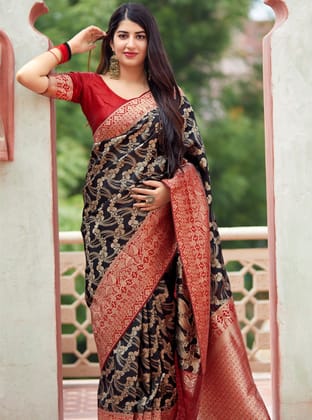 Black Soft Silk Woven Jacquard Saree