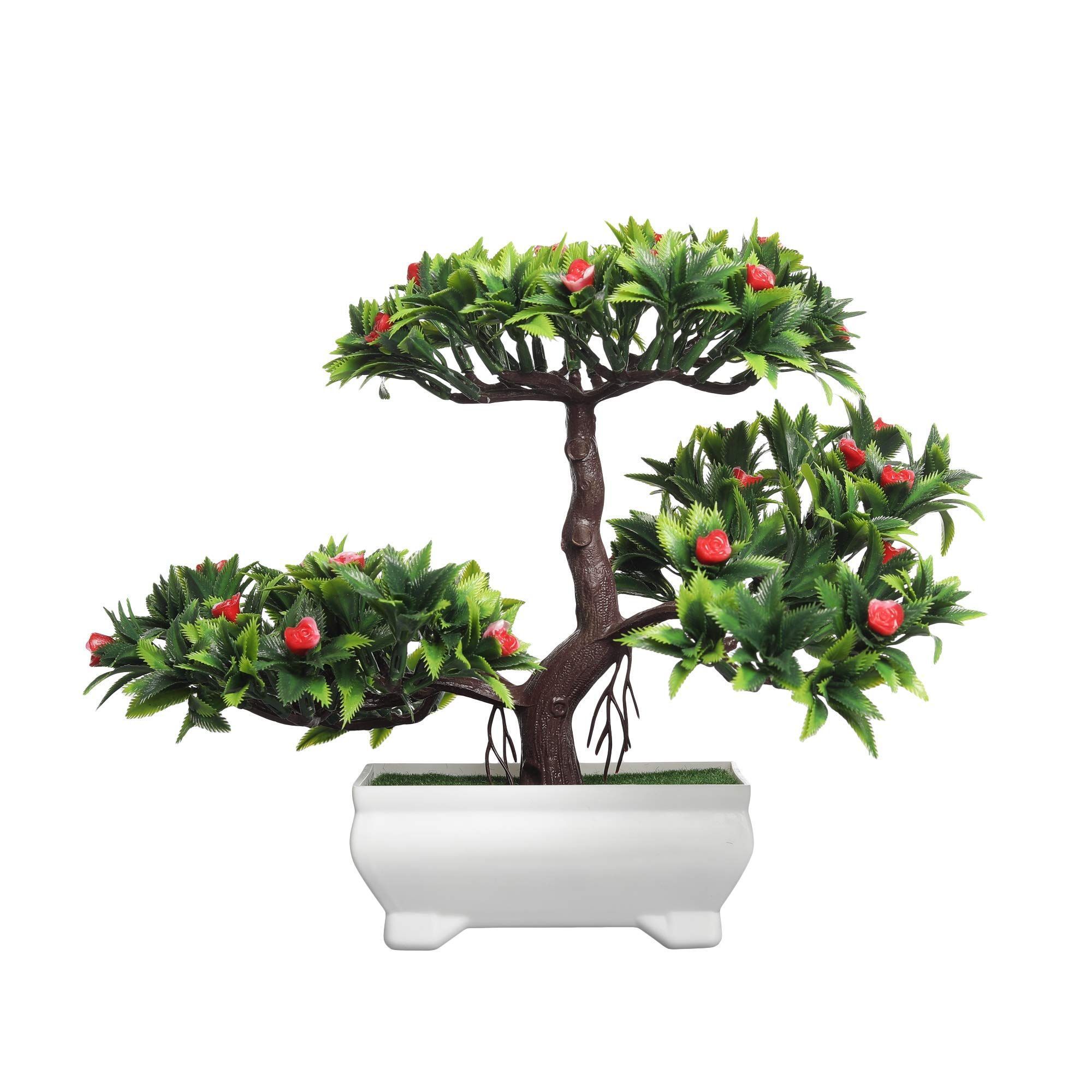 FOLIYAJ Artificial Plant Bonsai Tree with Pot for Home Decor Living Room (23 cm x 10 cm x 23 cm, FYJ-WPT-B-3HDTRNLEVREDFLW)