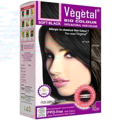 Vegetal Bio Hair Colour Soft Black | 150g | Achieve Natural, Ammonia-Free Hair Color | PPD-Free, 100% Herbal Certified Organic for Men and Women | UV Protection and Luster Maintenance | Complete Kit Vegetal Bio Hair Colour Soft Black | 150g | Achieve Nat