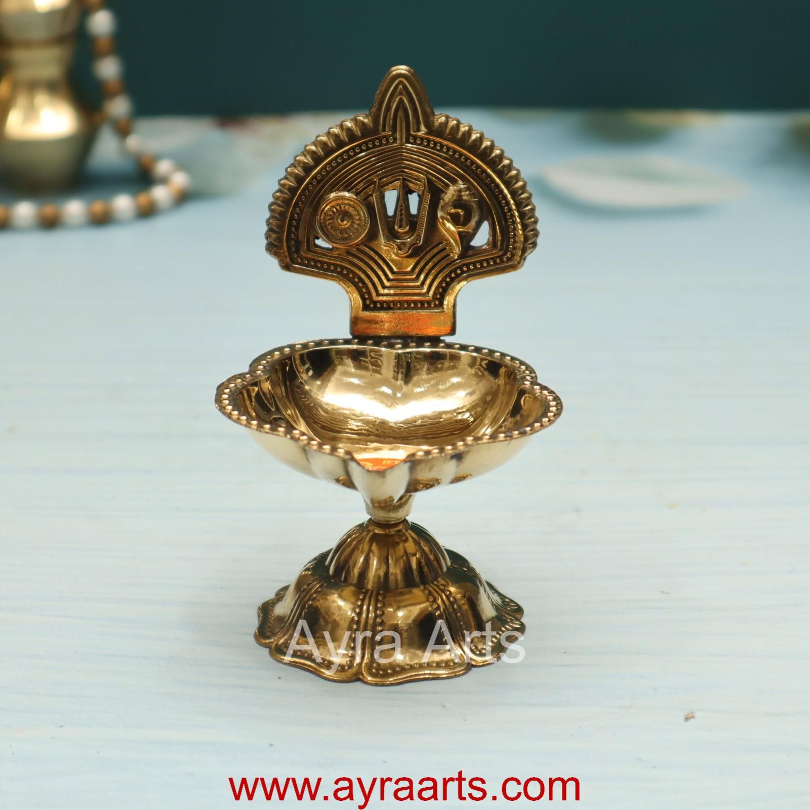 Shankh Chakra Namah Design Brass Diya - 4 Inch Height