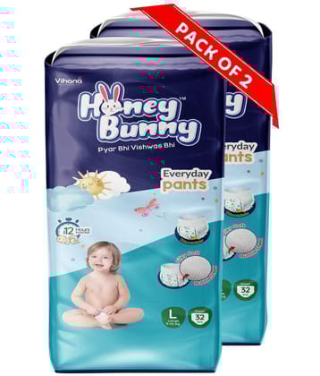 Honey Bunny Pants Diapers L-64pcs (Pack of 2) Wetness Indicator,Silky Soft-Bubble sheet (9-14kgs)