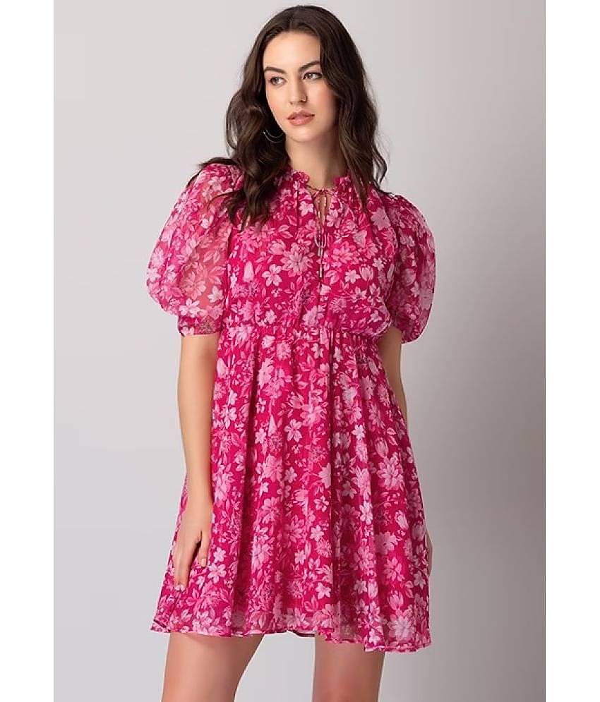 kedar fab Women Georgette Printed Fit & Flare Dress ( Pink )