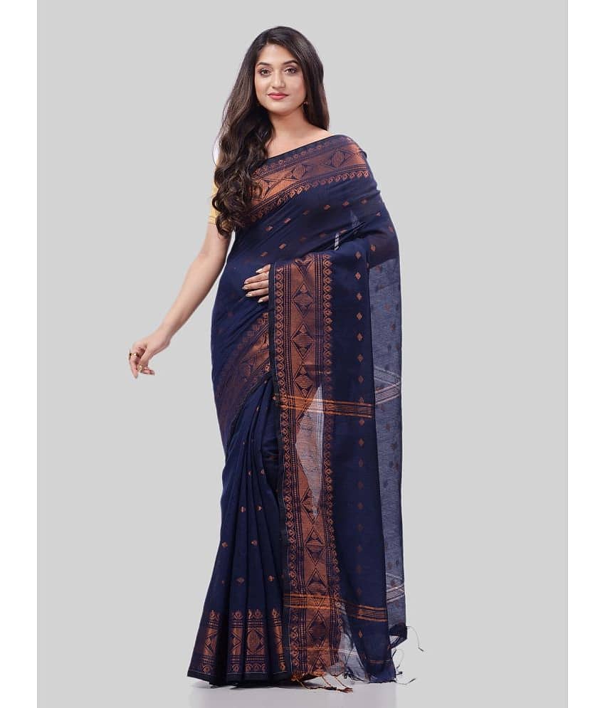 Desh Bidesh Cotton Silk Woven Saree With Unstitched Blouse Piece ( Navy Blue )