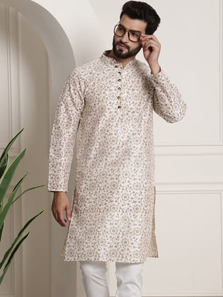 Men's Silk Blend Cream Printed Long Kurta-36