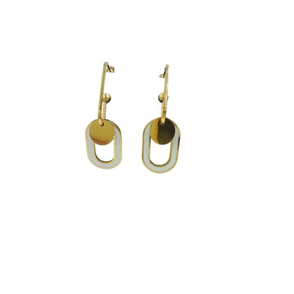 Anti tarnish, Elegant Gold-Plated Stainless Steel U-Shape Drop Earrings, Traditional White Enamel Design, Women's Fashion Jewelry