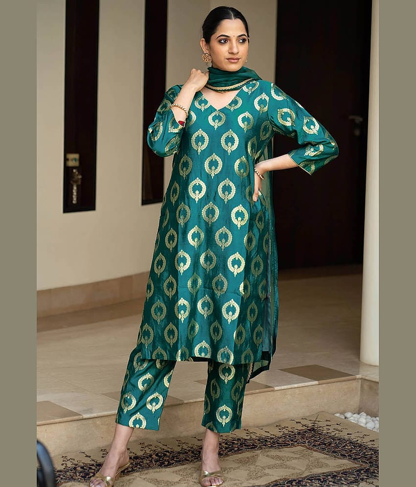 kedar fab Banarasi Printed Kurti With Pants Women's Stitched Salwar Suit - Blue ( Pack of 1 )