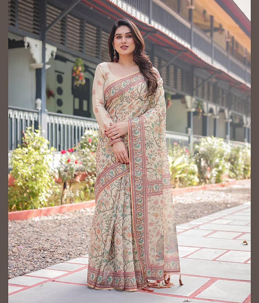 Almaari Fashion Cotton Blend Printed Saree With Stitched Blouse ( Multicolor )