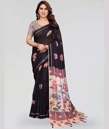 Kashvi Sarees Linen Printed Regular Saree With Unstitched Blouse Piece ( Black )
