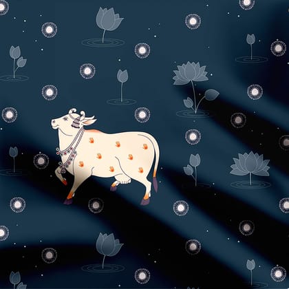 Beautiful Indian Cow with Blue  Lotus for Interior Print Fabric-Poly Canvas