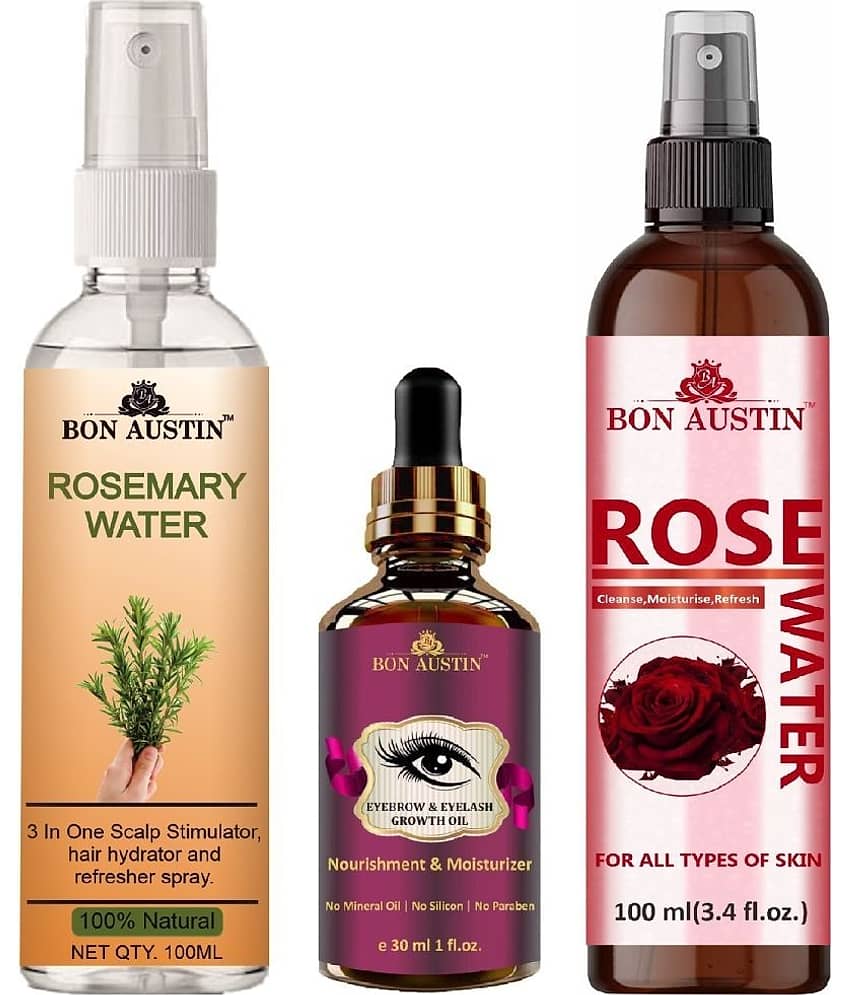 Bon Austin Natural Rosemary Water | Hair Spray For Regrowth (100ml), Eyebrow and Eyelash Growth Oil 30ML & Natural Rose Water 100ml - Set of 3 Items