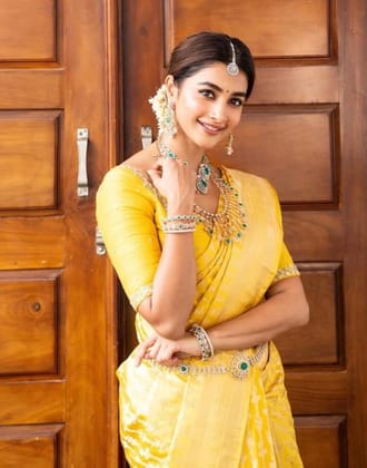 Women's Soft Lichi Silk Printed Saree With Unstitched Blouse 5.5Mtr (Yellow)-PID63693